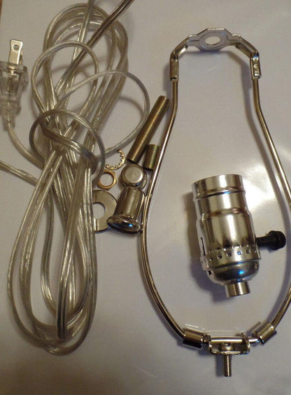 Table Lamp Wiring Kit 8" Nickel Plated Harp - 3 Way Socket - Clear Silver Cord - Stone Door Lamps