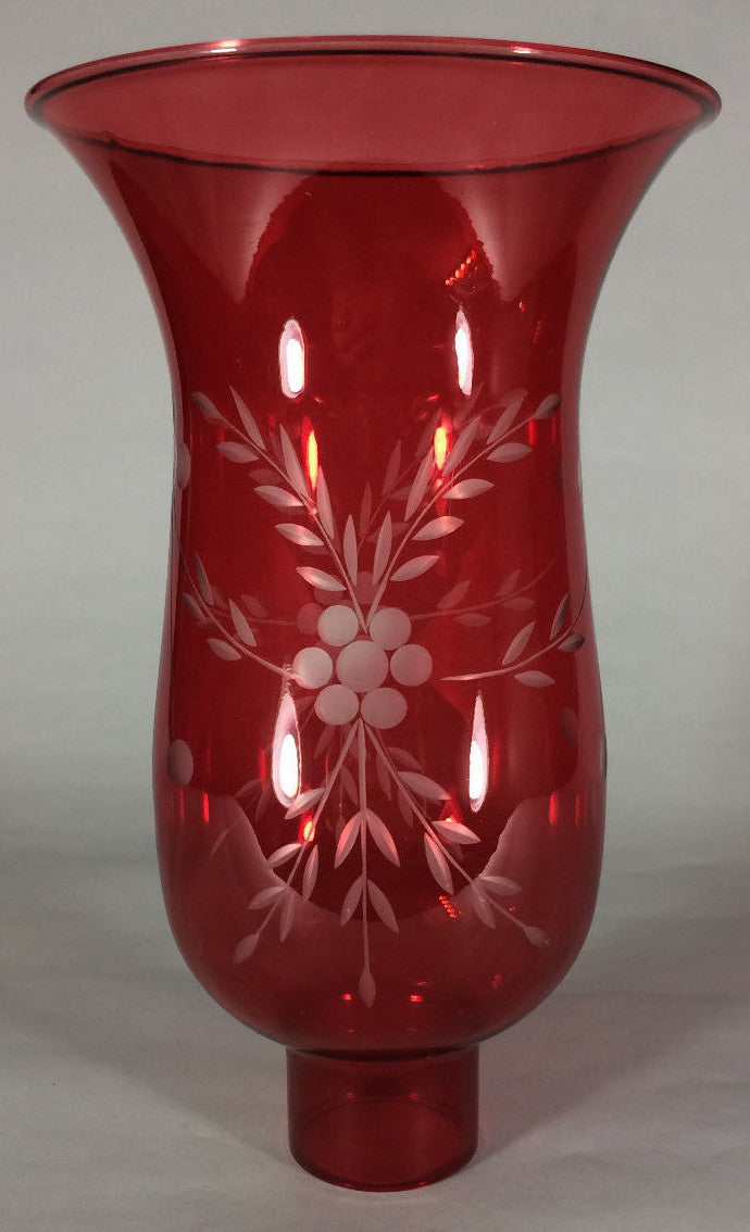 Cranberry Cut Flower Glass Hurricane Lamp Shade Candle Sconce Light, 5" x 8 1/4"