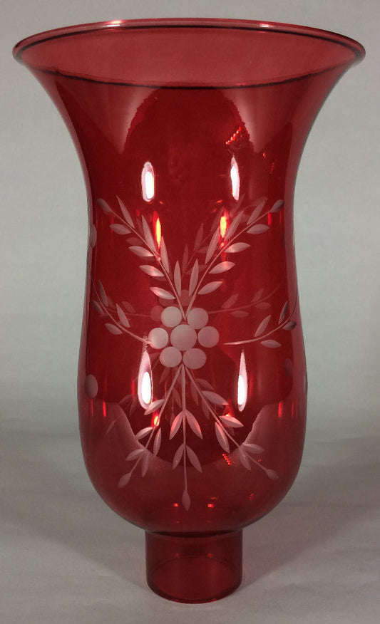 Cranberry Cut Flower Glass Hurricane Lamp Shade Candle Sconce Light, 5" x 8 1/4"