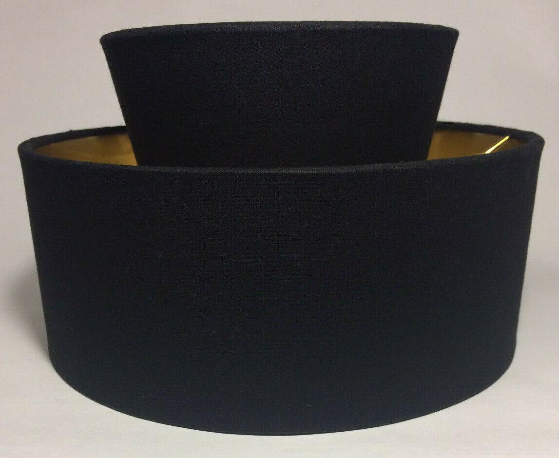 New Black Mid Century Two Tier Hardback Lamp Shade, Bulb Clip, Fine Linen HS690N - Stone Door Lamps