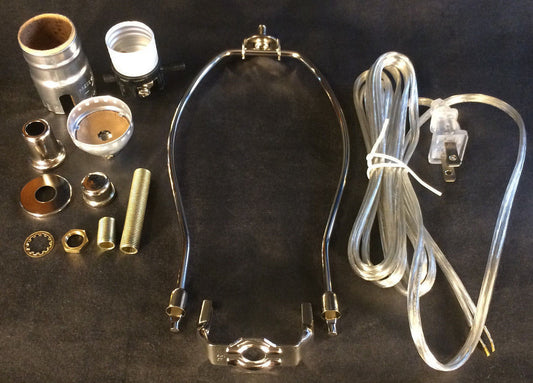 Table Lamp Wiring Kit 10" Nickel Plated Harp,Push-Thru Socket,Clear Silver Cord