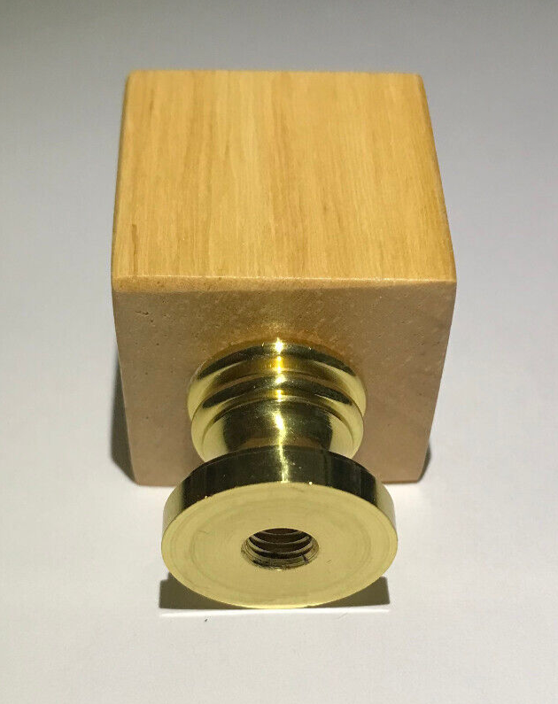 New 1 7/8" Wooden Cube Lamp Finial, Oak Finish, Brass Base, 1/4-27F Tap, #LF263