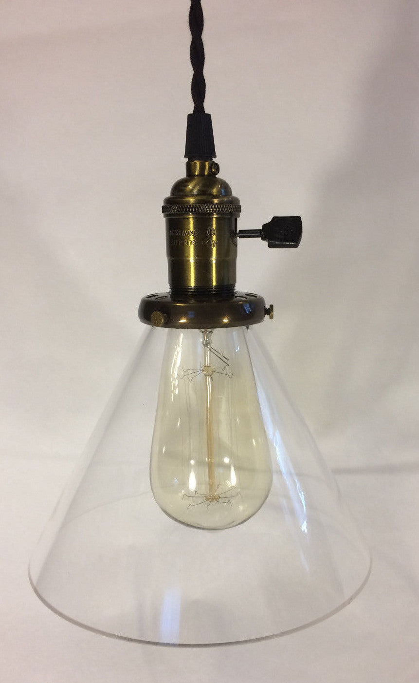 New Industrial Pendant w/ Antique Finish, Glass Cone Shade, Antique Style Bulb