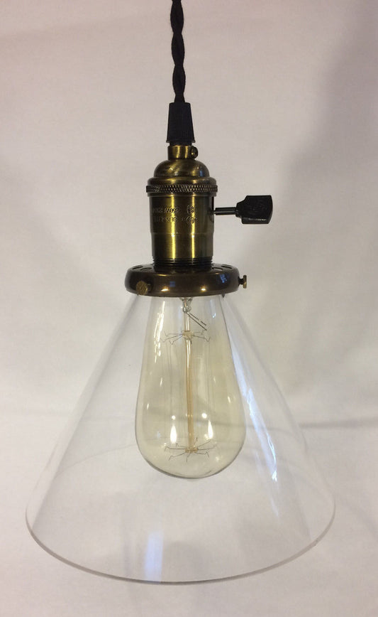 New Industrial Pendant w/ Antique Finish, Glass Cone Shade, Antique Style Bulb