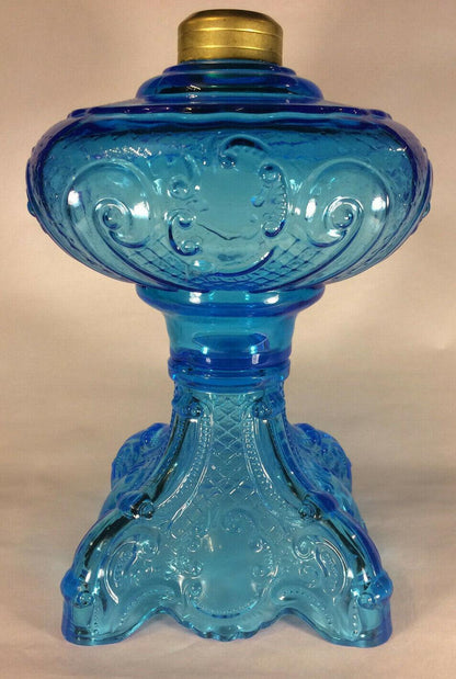 New 9 1/2" Princess Feather Light Blue Oil Kerosene Lamp Font, Victorian Era 500 - Stone Door Lamps