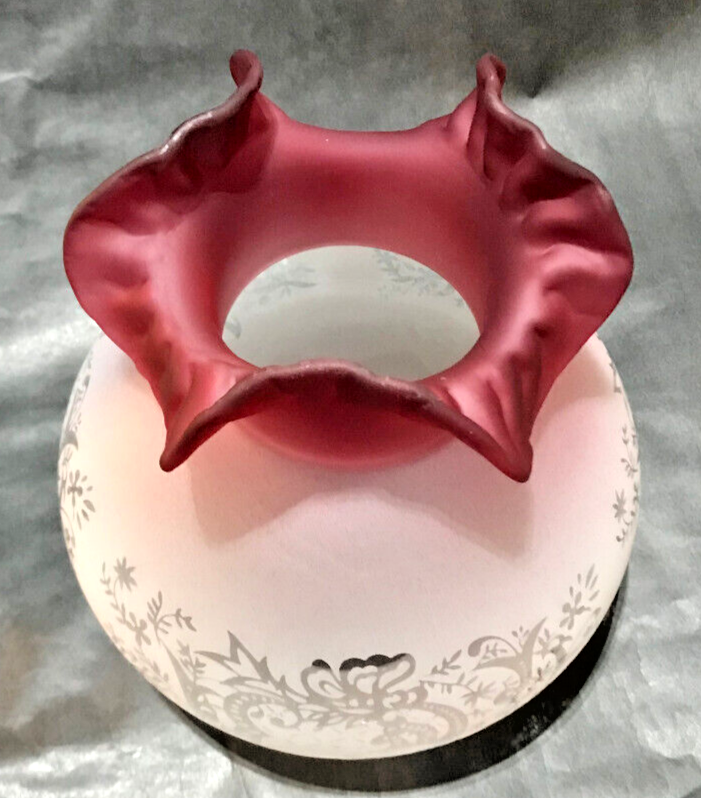 New Etched Filigree Gas Lamp Shade Cranberry Tint Glass w/Crimped Top, 4" Fitter