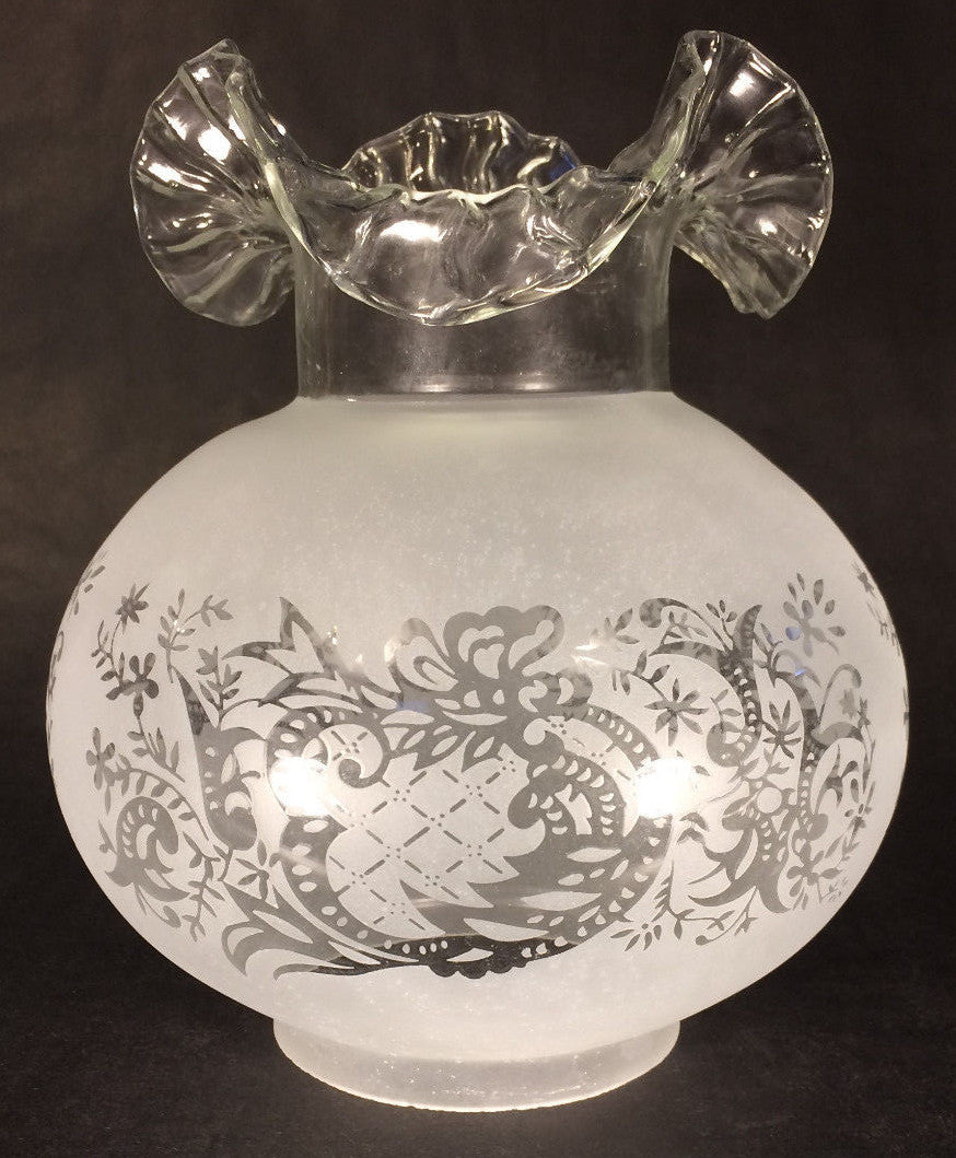 New 4" Fitter Etched Filigree Glass Gas Globe Lamp Shade w/ Crimped Top 8.5" Ht.