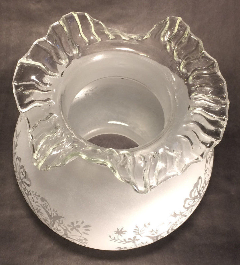 New 4" Fitter Etched Filigree Glass Gas Globe Lamp Shade w/ Crimped Top 8.5" Ht.