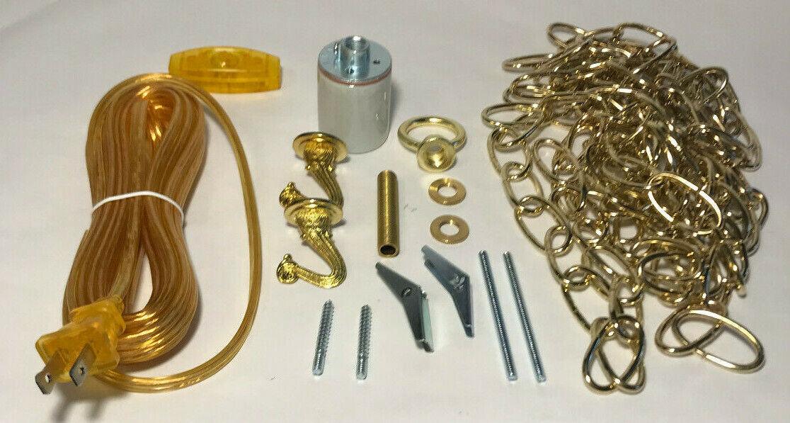 New Brass Plated Swag Lamp Kit for Fabric, Mica Shades, 12' Chain, 16' Gold Cord - Stone Door Lamps