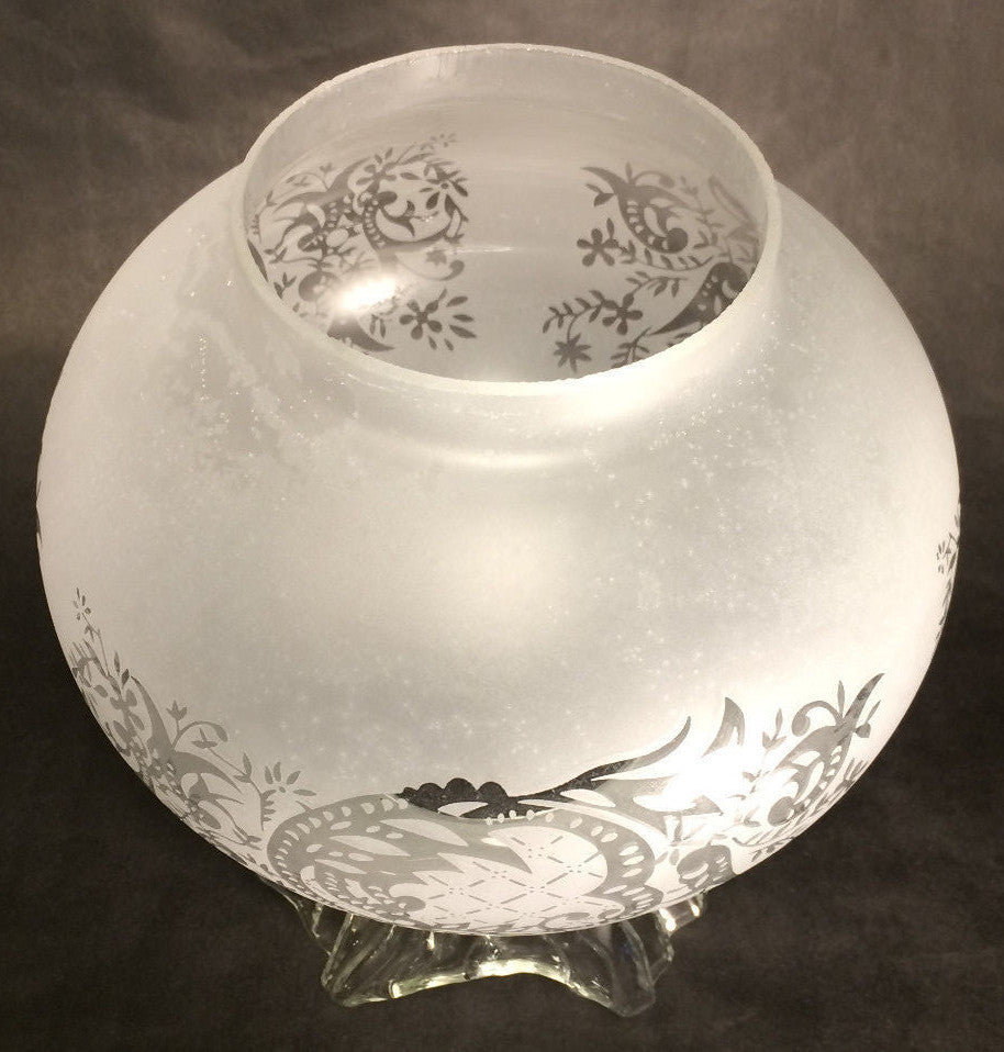 New 4" Fitter Etched Filigree Glass Gas Globe Lamp Shade w/ Crimped Top 8.5" Ht.