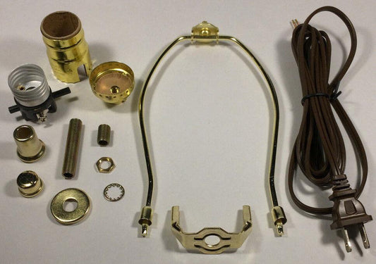 Table Lamp Wiring Kit 7" Brass Plated Harp, Push - Thru Socket, 8 ft. Brown Cord - Stone Door Lamps