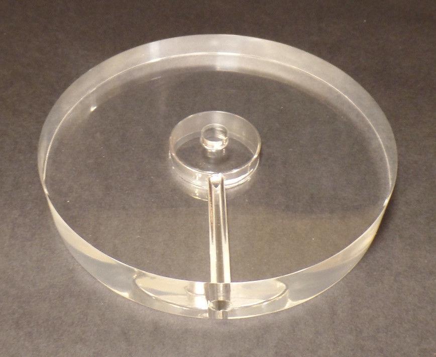 New 4" Diameter Clear Round Acrylic Lamp Base w/ Center Hole & Side Outlet - Stone Door Lamps