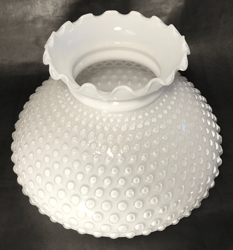 New 10" Cased Clear Over Opal White Glass Hobnail Student Lamp Shade Crimped Top - Stone Door Lamps
