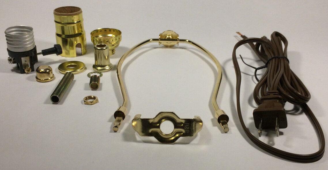 Table Lamp Wiring Kit With 7" Brass Plated Harp, 3 Way Socket, 8 ft. Brown Cord - Stone Door Lamps
