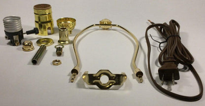 Table Lamp Wiring Kit With 7" Brass Plated Harp, 3 Way Socket, 8 ft. Brown Cord - Stone Door Lamps