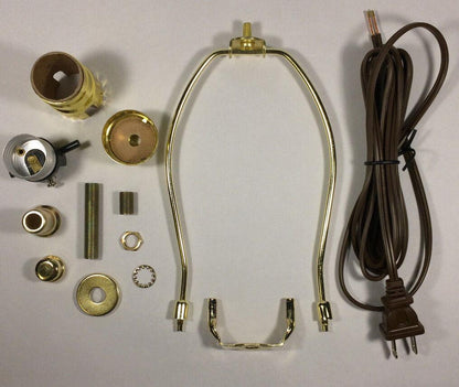 Table Lamp Wiring Kit 6" Brass Plated Harp, Push - Thru Socket, 8 ft. Brown Cord - Stone Door Lamps
