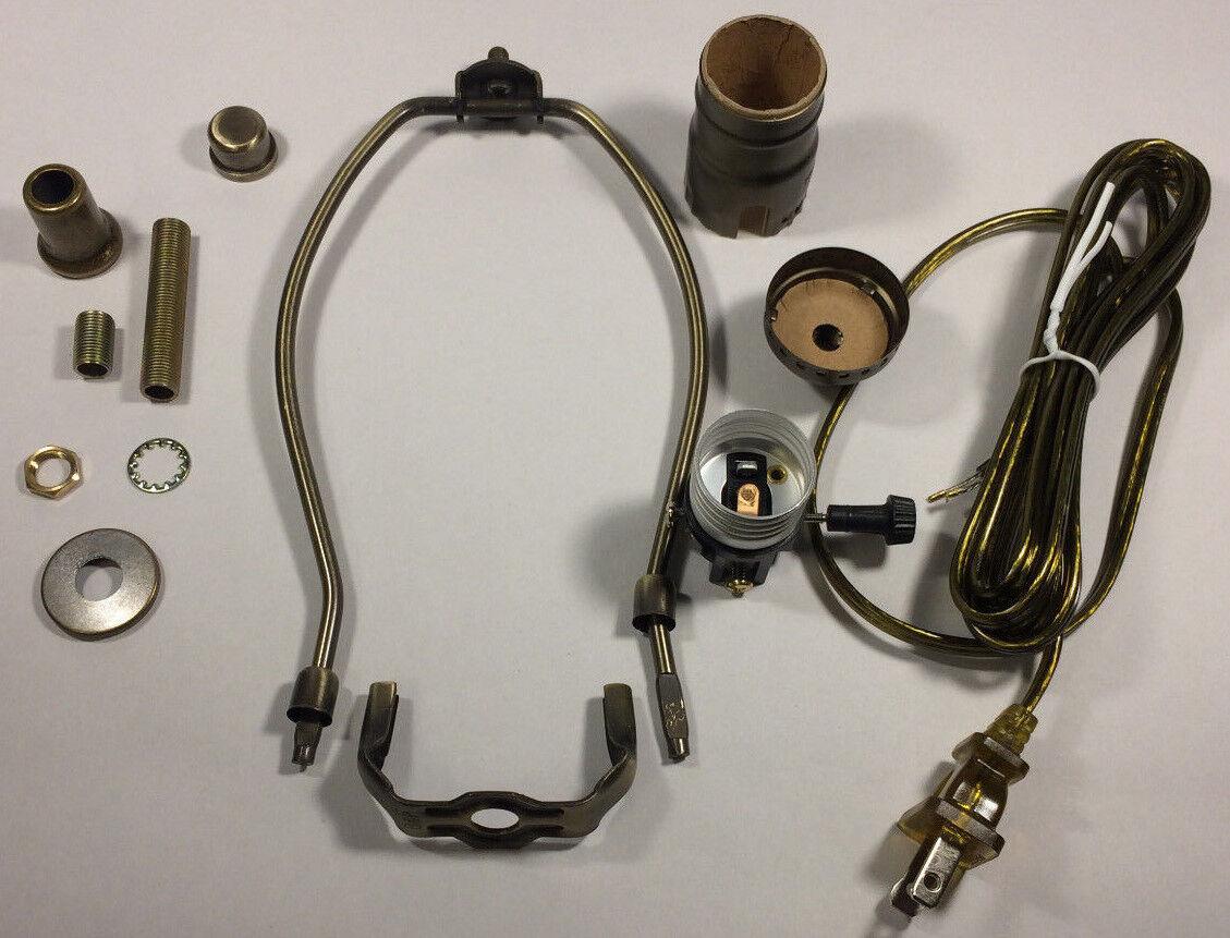 Table Lamp Wiring Kit W/ 8" Antique Finish Harp,3 Way Socket, Antique Brass Cord - Stone Door Lamps