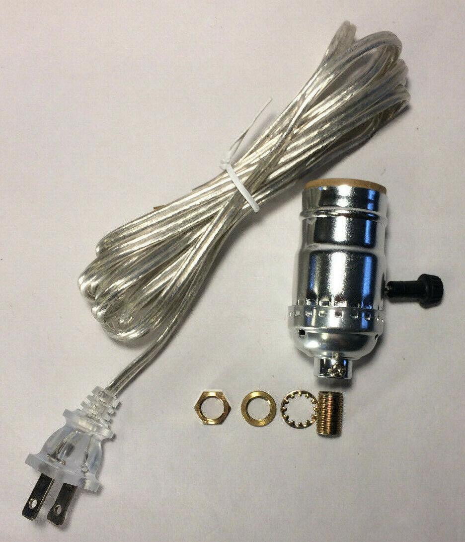 Vintage Table Lamp Rewiring Kit w/ Nickel Plated 3 - Way Socket, Clear Silver Cord - Stone Door Lamps