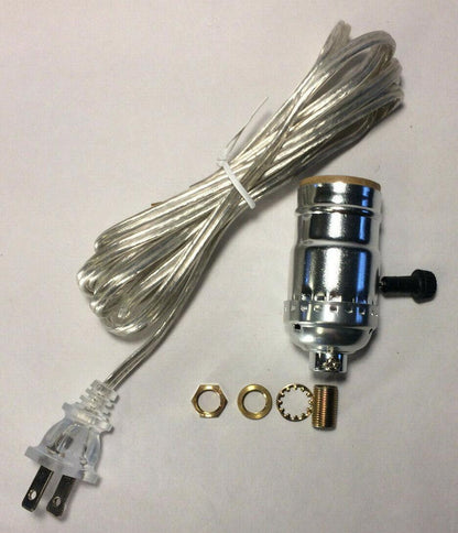 Vintage Table Lamp Rewiring Kit w/ Nickel Plated 3 - Way Socket, Clear Silver Cord - Stone Door Lamps