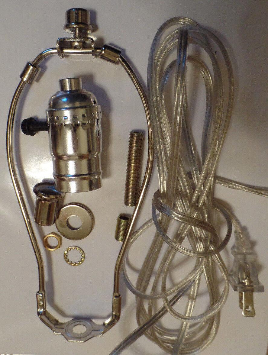 Table Lamp Wiring Kit 6" Nickel Plated Harp - 3 Way Socket - Clear Silver Cord - Stone Door Lamps