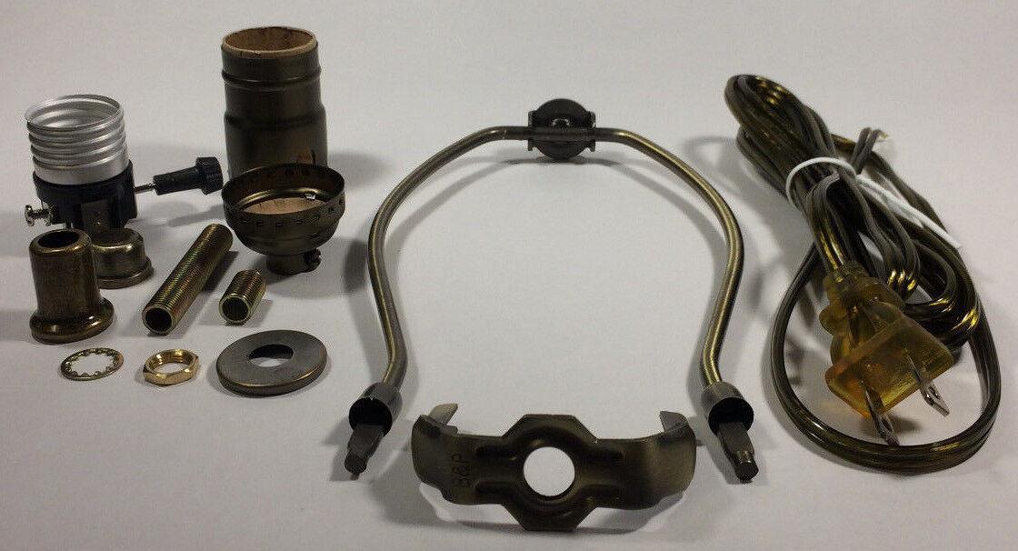 Table Lamp Wiring Kit W/ 6" Antique Finish Harp,3 Way Socket, Antique Brass Cord - Stone Door Lamps