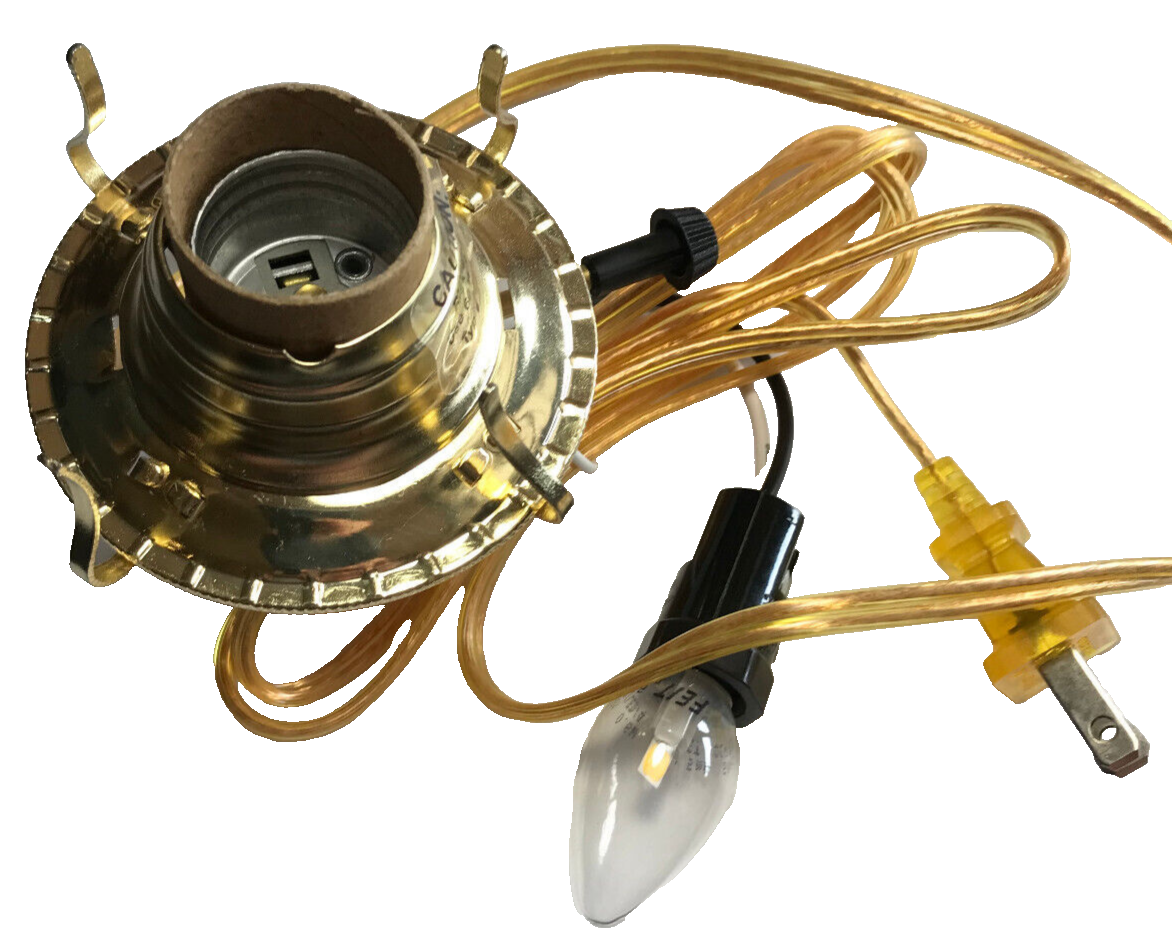 New Brass Plated #2, 3-Terminal Electric Lamp Burner, 6' Gold Cord, Bottom Light