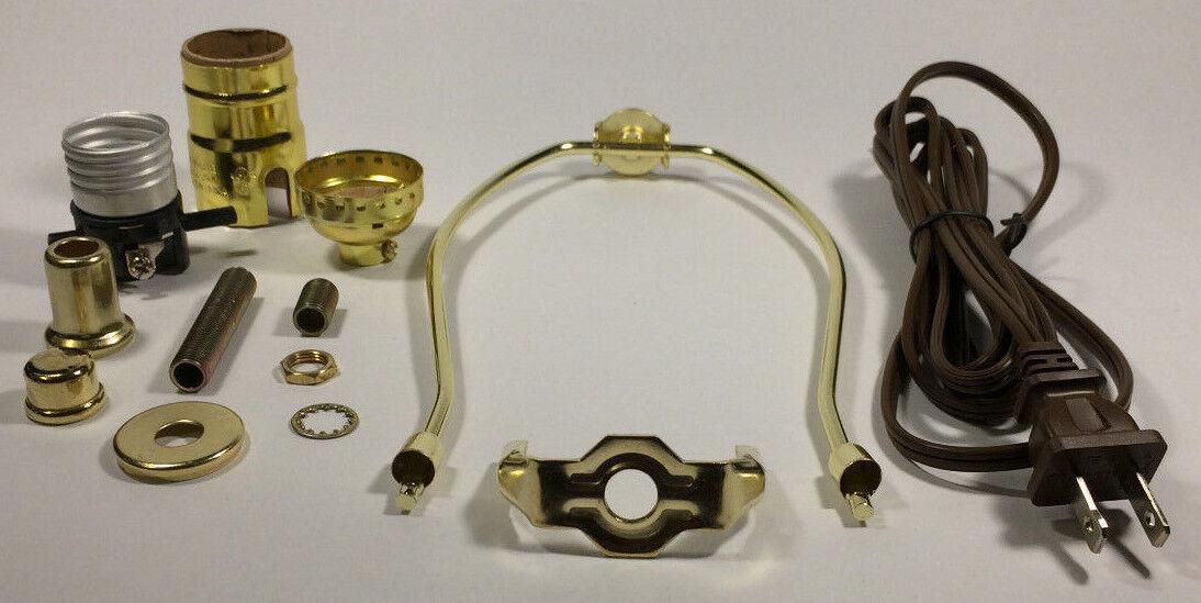 Table Lamp Wiring Kit 7" Brass Plated Harp, Push - Thru Socket, 8 ft. Brown Cord - Stone Door Lamps