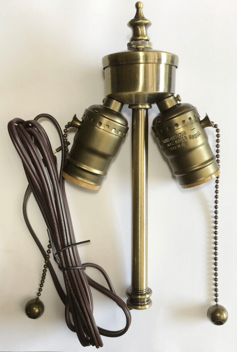 Medium Base Two Light Pull Chain Lamp Cluster W/ Lead Wire, Antique Brass Finish - Stone Door Lamps