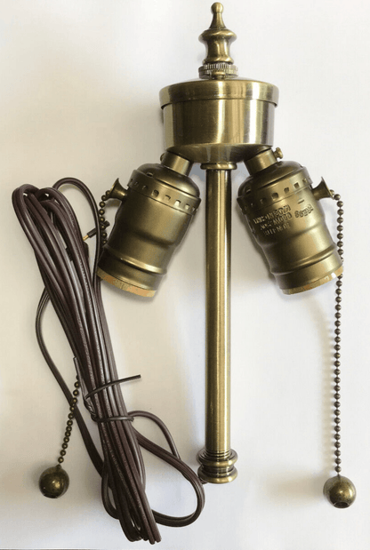 Medium Base Two Light Pull Chain Lamp Cluster W/ Lead Wire, Antique Brass Finish - Stone Door Lamps