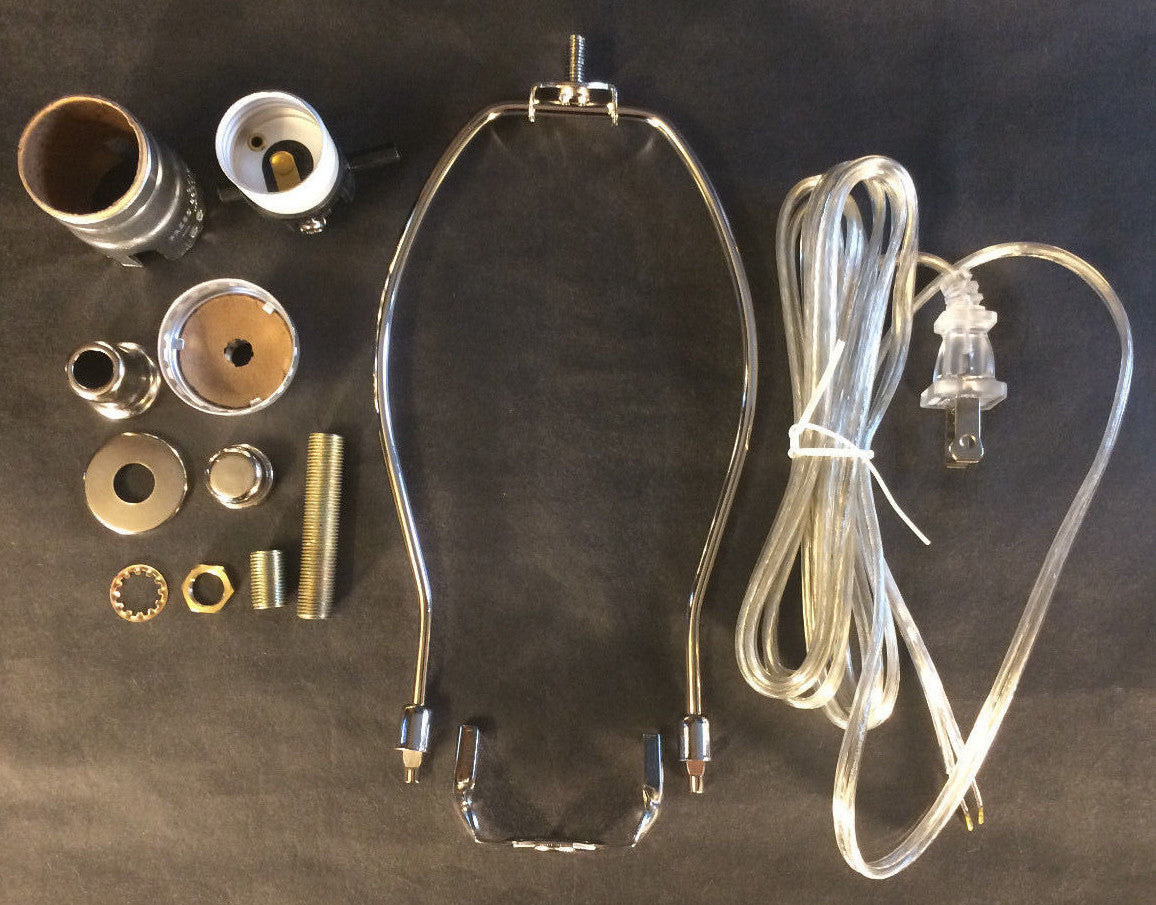 Table Lamp Wiring Kit 10" Nickel Plated Harp,Push-Thru Socket,Clear Silver Cord