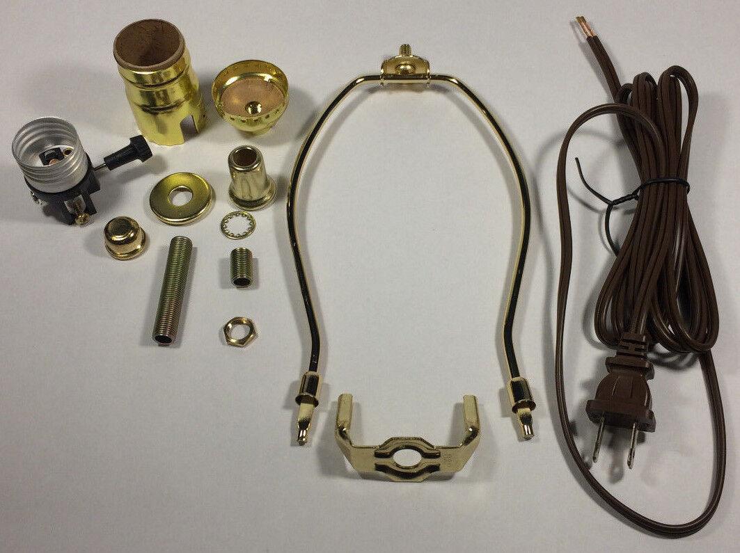 Table Lamp Wiring Kit With 7" Brass Plated Harp, 3 Way Socket, 8 ft. Brown Cord - Stone Door Lamps