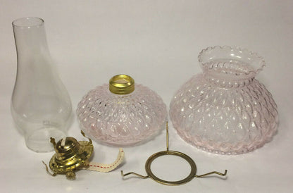 New Complete Oil Lamp w/ Shade Chimney Burner Pink Crystal Diamond Quilted Glass