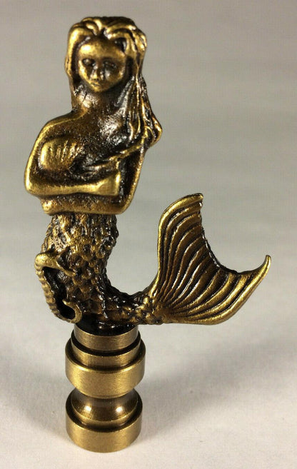 New 2 7/8" Solid Brass Mermaid Lamp Harp Finial, Antique Brass Finish #LF262A - Stone Door Lamps