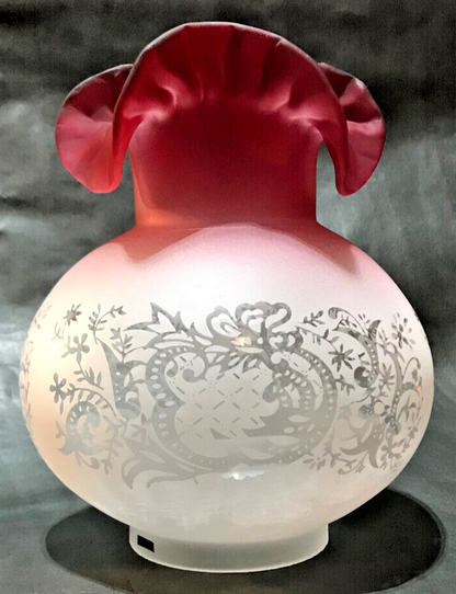 New Etched Filigree Gas Lamp Shade Cranberry Tint Glass w/Crimped Top, 4" Fitter