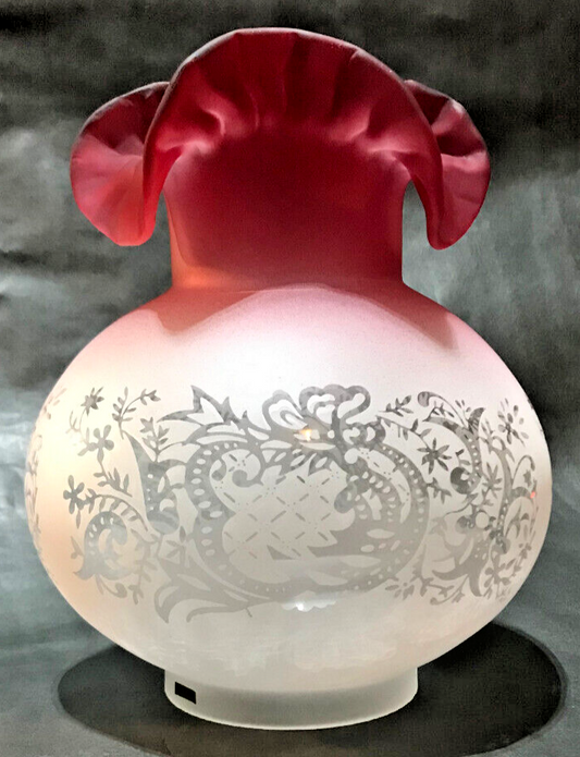 New Etched Filigree Gas Lamp Shade Cranberry Tint Glass w/Crimped Top, 4" Fitter