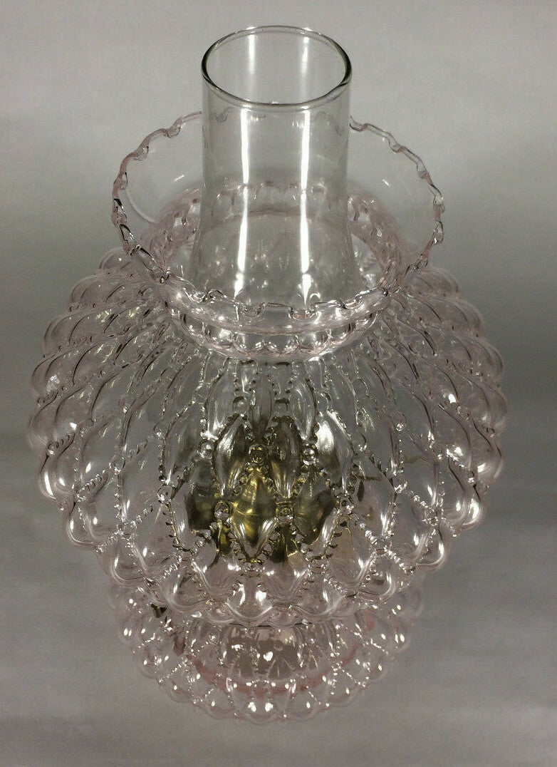 New Complete Oil Lamp w/ Shade Chimney Burner Pink Crystal Diamond Quilted Glass