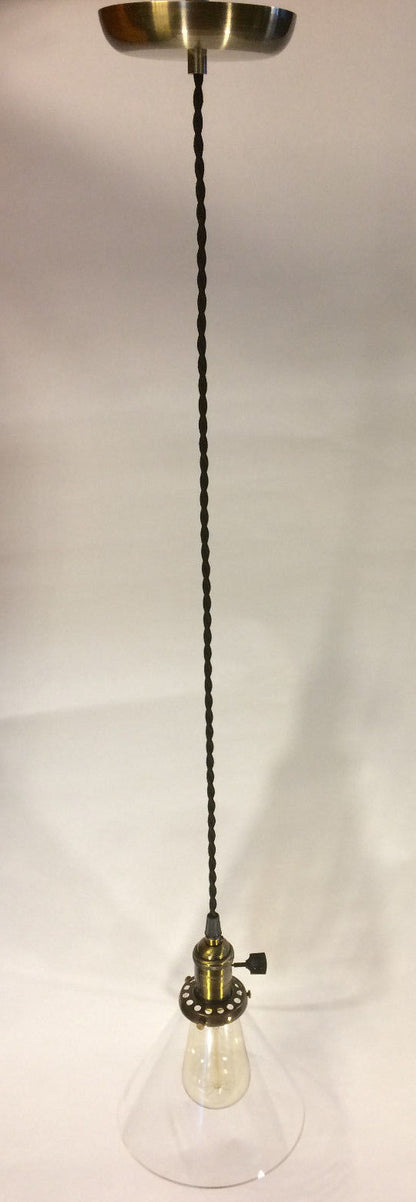 New Industrial Pendant w/ Antique Finish, Glass Cone Shade, Antique Style Bulb
