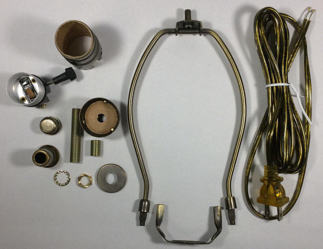 Table Lamp Wiring Kit W/ 8" Antique Finish Harp,3 Way Socket, Antique Brass Cord - Stone Door Lamps