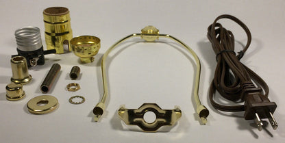 Table Lamp Wiring Kit 7" Brass Plated Harp, Push-Thru Socket, 8 ft. Brown Cord