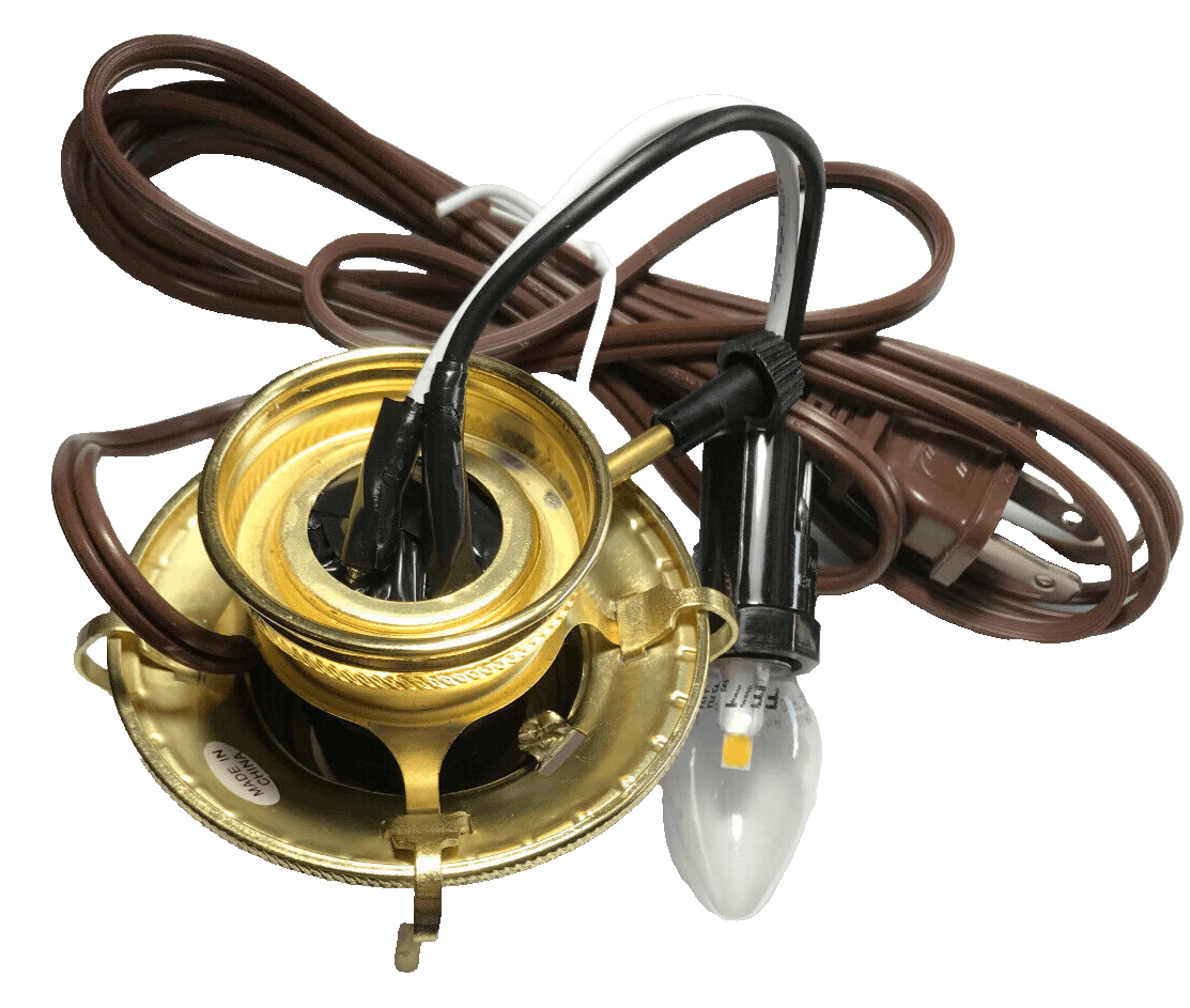 New Brass Plated #2, 3 - Terminal Electric Lamp Burner, 6' Brown Cord Bottom Light - Stone Door Lamps