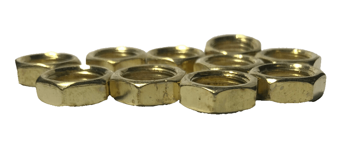 Lot Of 10, 1/4F Heavy Steel Brass Plated Hex Nuts, 11/16" Dia. 1/4" Thick #605BP - Stone Door Lamps