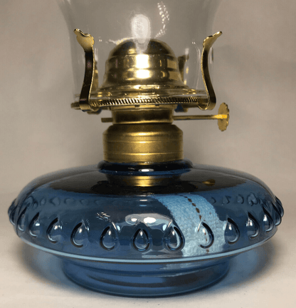 New Medium Blue Glass Oil Lamp Font With Brass Plated Burner &Beaded Top Chimney - Stone Door Lamps