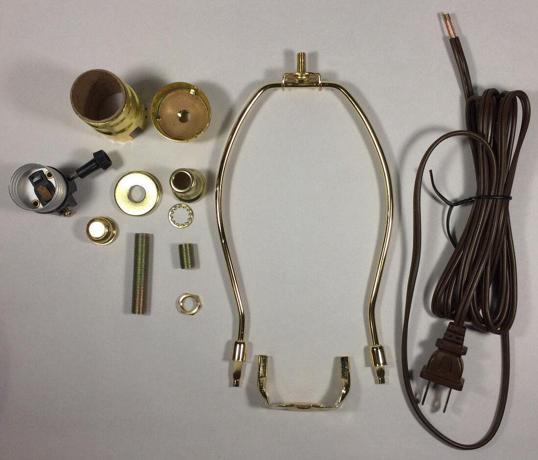 Table Lamp Wiring Kit With 6" Brass Plated Harp, 3 Way Socket, 8 ft. Brown Cord - Stone Door Lamps
