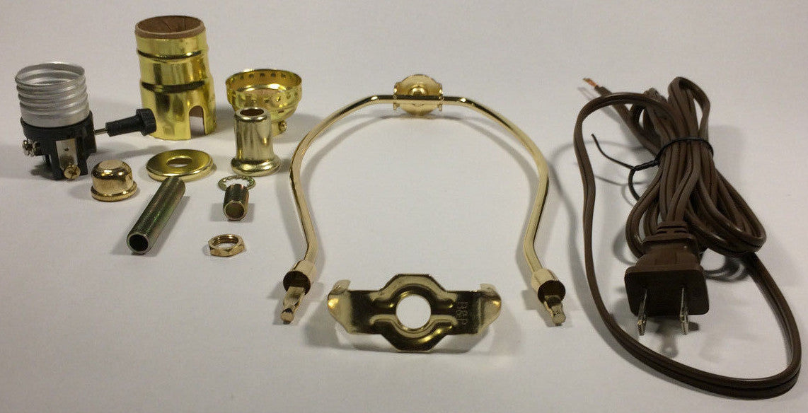 Table Lamp Wiring Kit With 6" Brass Plated Harp, 3 Way Socket, 8 ft. Brown Cord