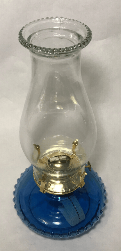 New Medium Blue Glass Oil Lamp Font With Brass Plated Burner &Beaded Top Chimney - Stone Door Lamps