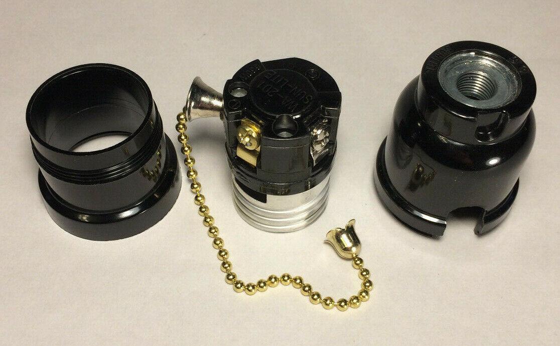 New Phenolic Bakelite Pull Chain Uno Lamp Socket w/ Brass Chain, E26, #SO676 - Stone Door Lamps