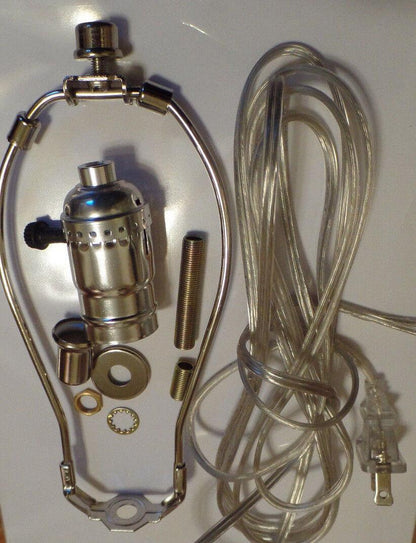 Table Lamp Wiring Kit 9" Nickel Plated Harp - 3 Way Socket - Clear Silver Cord - Stone Door Lamps