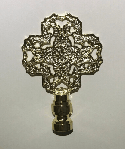 New 3" Cast Brass Cross Heart Star Lamp Finial, Polished & Lacquered, 1/4 - 27F - Stone Door Lamps