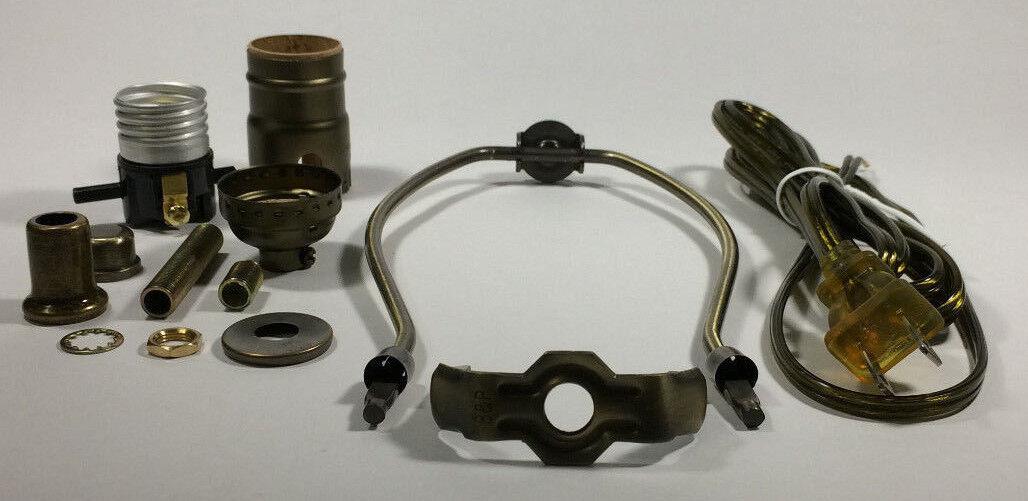 Table Lamp Wiring Kit 8" Antique Finish Harp,Push - Thru Socket,Antique Brass Cord - Stone Door Lamps