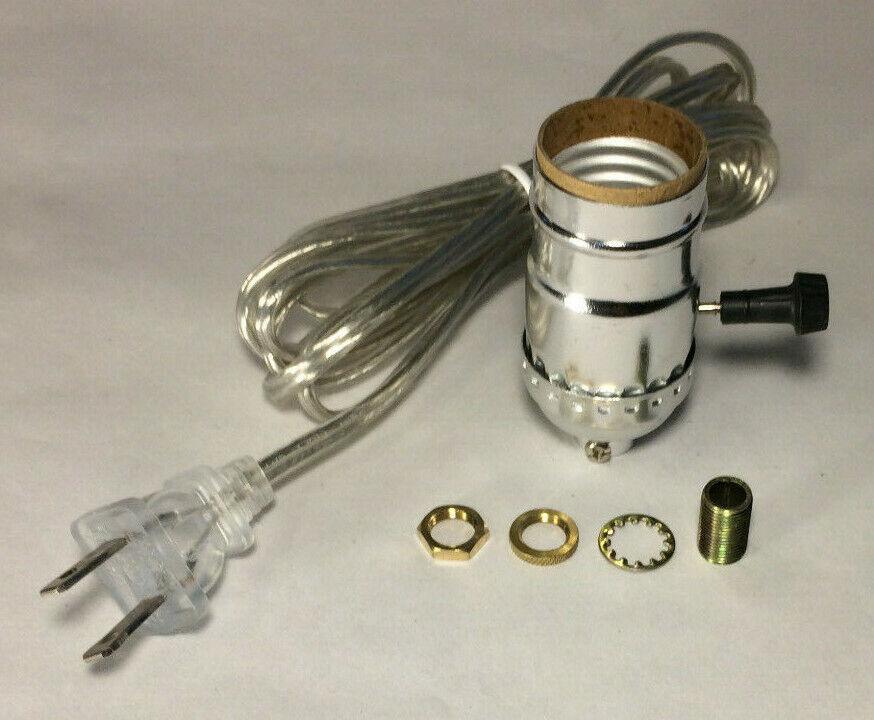 Vintage Table Lamp Rewiring Kit w/ Nickel Plated 3 - Way Socket, Clear Silver Cord - Stone Door Lamps